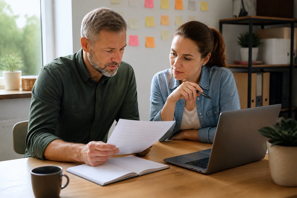 A small business owner and one employee reviewing a printed task list and laptop screen at a wooden desk in a bright home office, sticky notes visible on the wall behind them