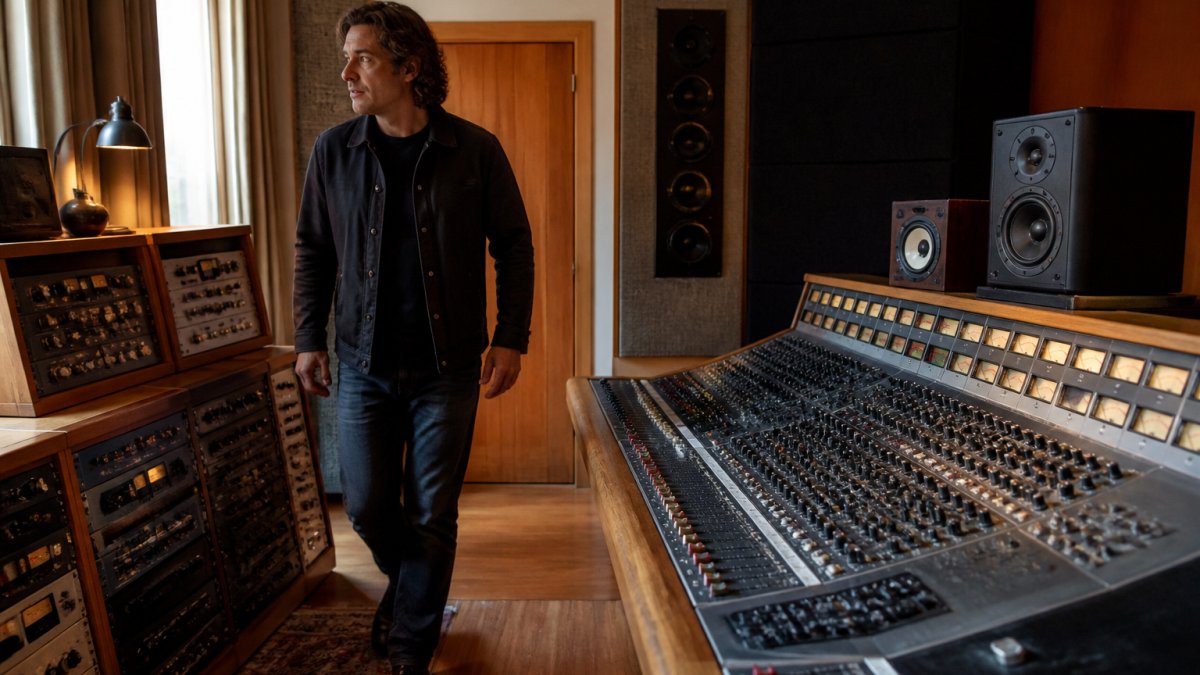 Professional mastering engineer working at an analog mixing console with vintage outboard gear and monitoring equipment in a treated acoustic studio