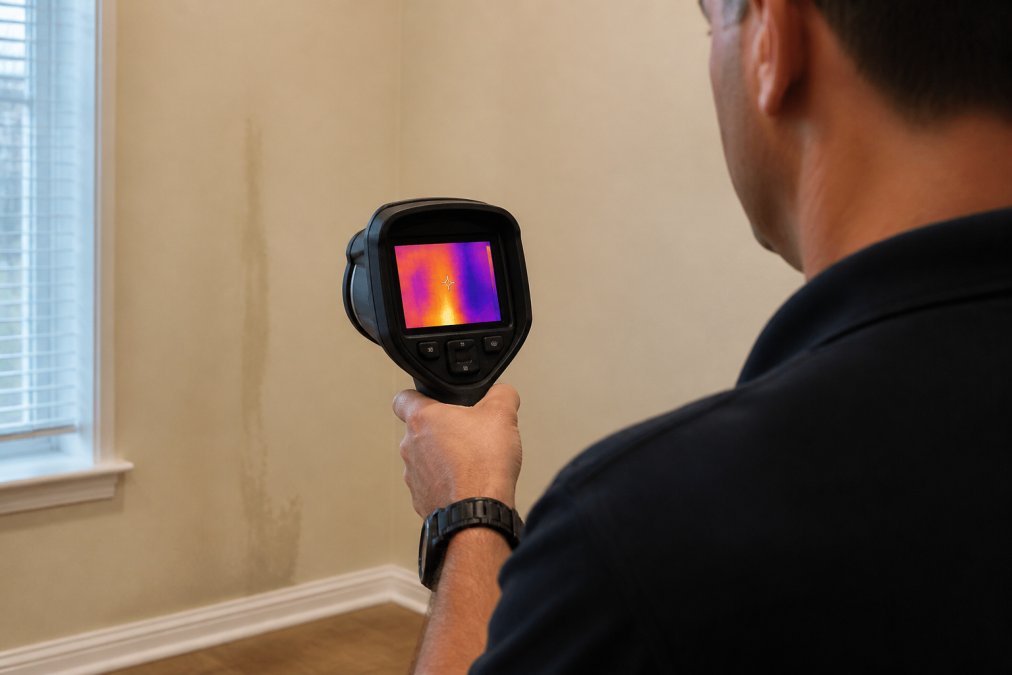 Master certified home inspector using a thermal camera to detect hidden wall temperature variations