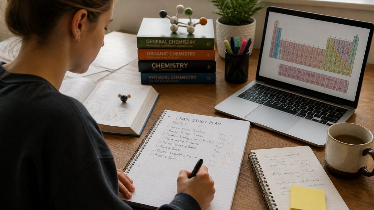 Study plan flowchart for mastering core chemistry topics at a desk with textbooks and a periodic table laptop.