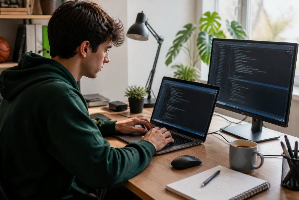 Persona joven trabajando en un proyecto de inteligencia artificial en su portátil, con dos pantallas mostrando código Python y gráficos de datos, en una mesa de escritorio ordenada con café y cuaderno