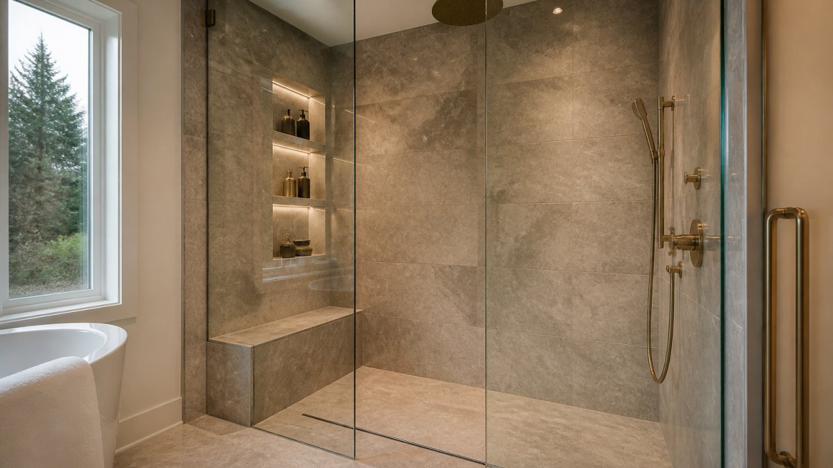 Luxurious walk-in shower with brass fixtures for a master ensuite renovation design featuring stone-look tile.