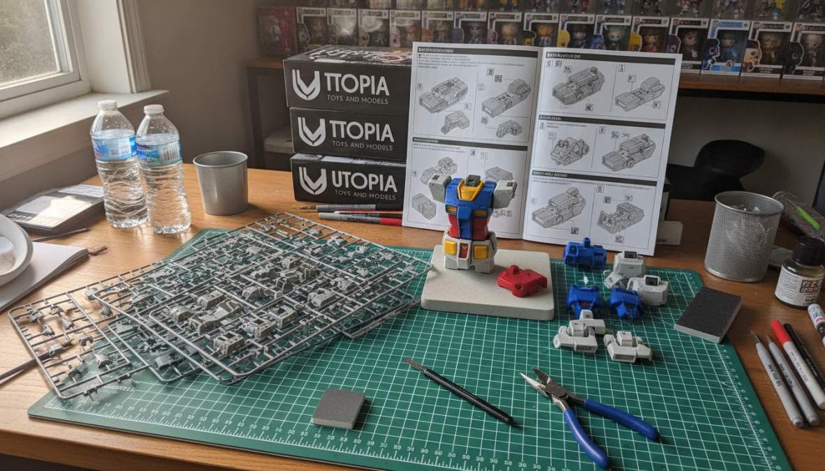 Close-up of hands using nippers to carefully cut a Gundam part from a plastic runner, with an instruction booklet, hobby knife, and sanding sponge visible on a clean white workspace