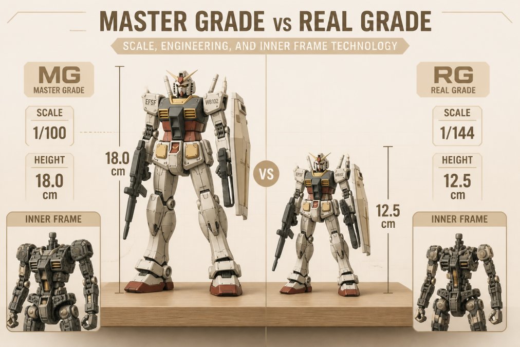 Two fully assembled Gundam model kits positioned side by side on a wooden display shelf, with the larger Master Grade kit towering over the Real Grade kit, showing the distinct scale difference and visible mechanical inner frame details in both