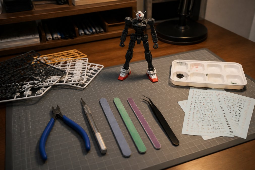 Gunpla builder's workbench with organized tools including hobby nippers, X-Acto knife, sanding sticks, paint palette, decal sheets, and a partially assembled Real Grade Gundam frame positioned near the tools under warm desk lighting