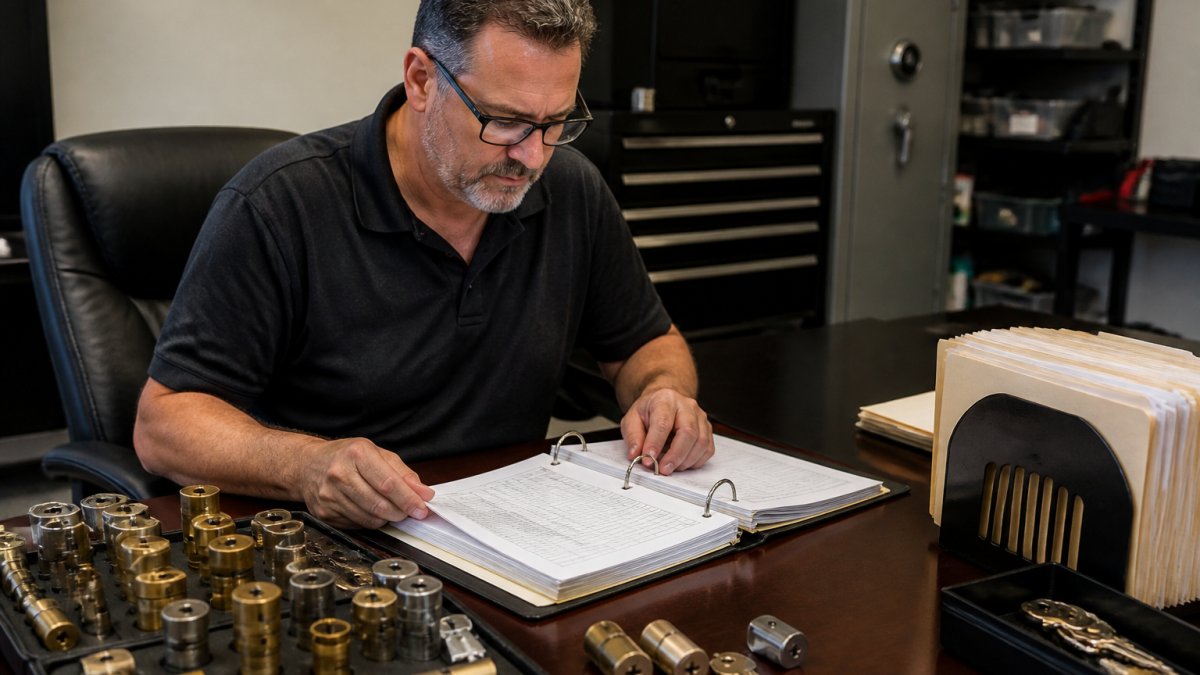Small business owner reviewing documentation for a master key system for small business at a desk
