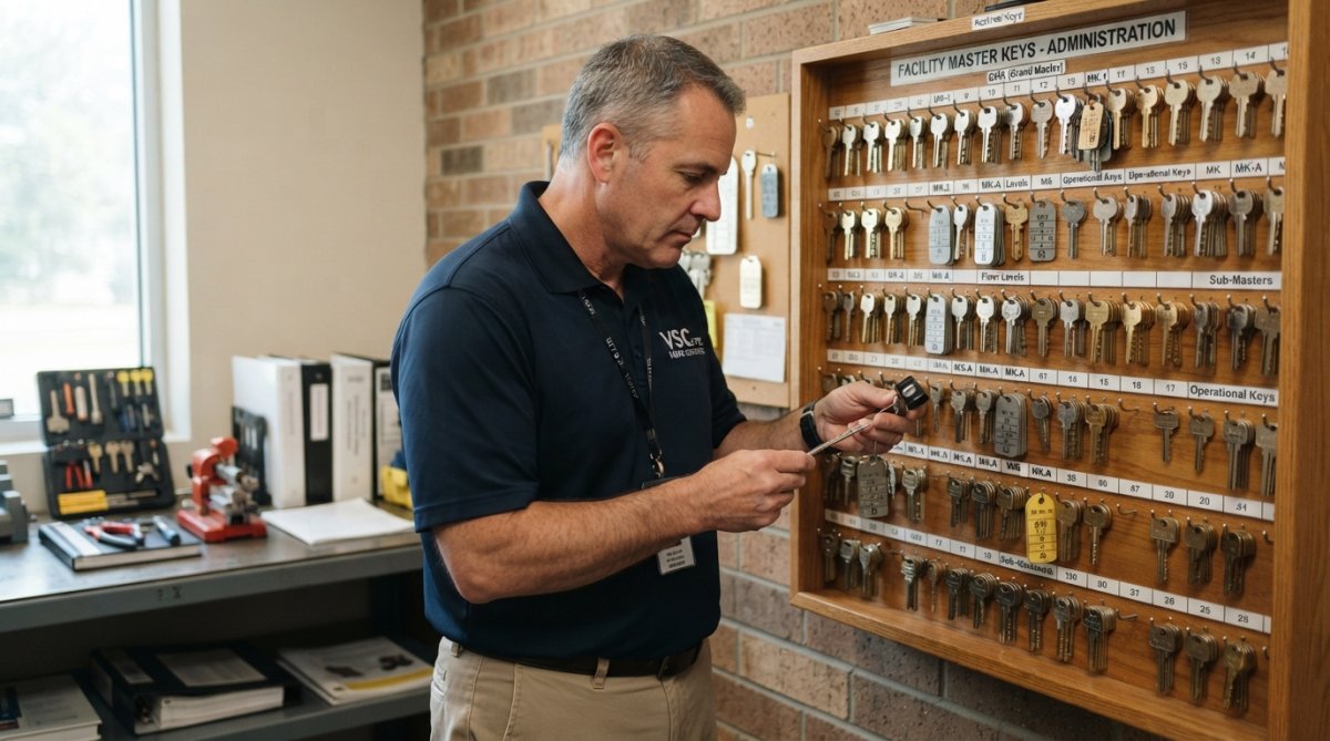 Professional security consultant examining master key blanks and restricted keyways organized by access level on a secure key control board in a commercial facility