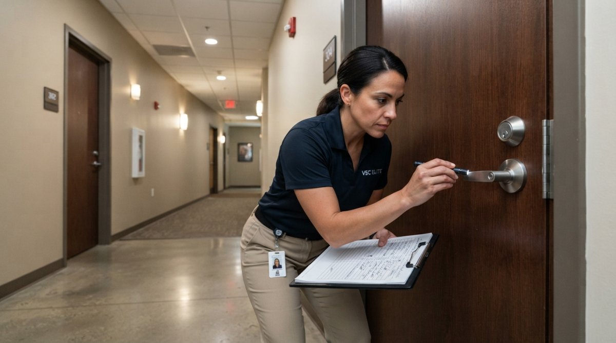 Security professional conducting physical audit, inspecting lock cylinders and door hardware in a commercial building corridor with clipboard and assessment tools