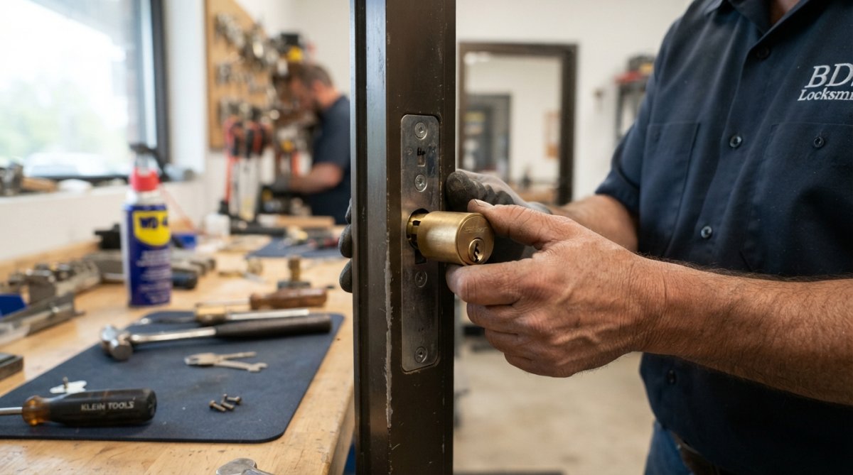 Step-by-step diagram detailing the mechanical master key system installation process for commercial locks