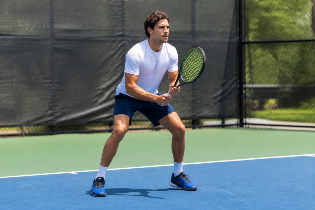 Tennis player in ready position on court demonstrating proper split step stance with bent knees, balanced weight distribution, and athletic posture on hard court
