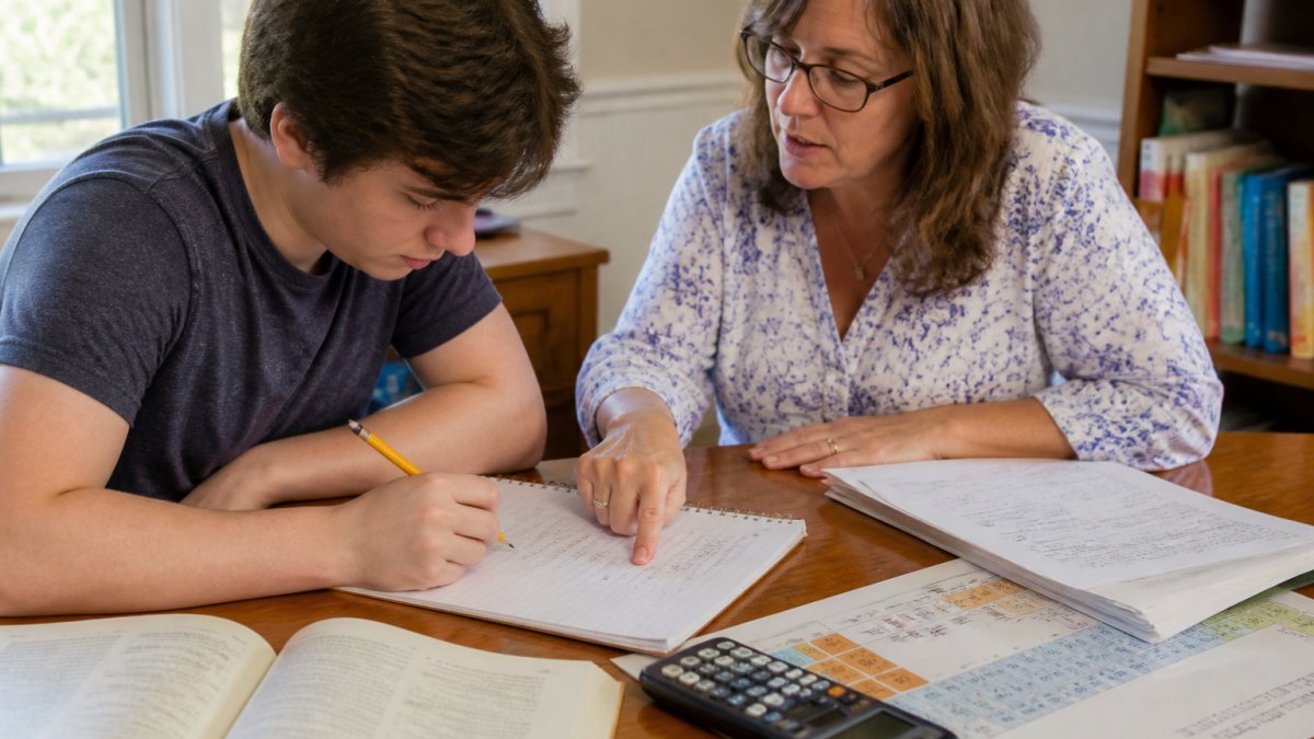 A high school student working through a stoichiometry problem on paper with a pencil, a periodic table and calculator nearby, and a tutor pointing at the mole ratio step in a bright study room