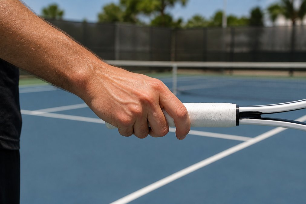 Close-up of a player's hand demonstrating continental grip on a tennis racket, showing clear finger placement with index knuckle on bevel two, thumb underneath, and relaxed wrist position in natural sunlight