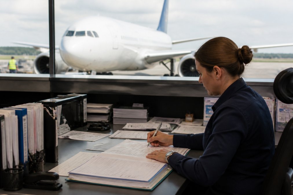 A professional dispatcher at a workstation reviewing a load sheet on a large monitor, with an aircraft visible on the tarmac through the window behind them