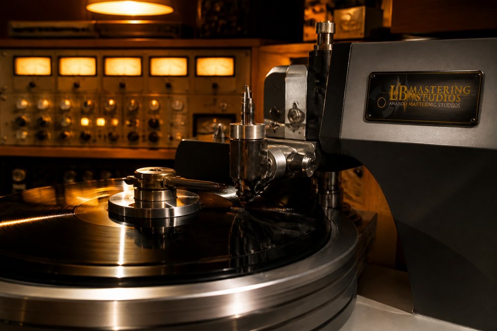 Close-up of a vinyl record being cut on a lacquer cutting lathe in a professional mastering studio, with warm amber lighting illuminating analog outboard gear and VU meters in the background