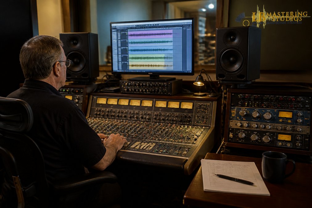 A mastering engineer seated at a large-format mixing console, reviewing stem tracks on a computer screen with analog outboard gear and studio monitors glowing in a warmly lit professional recording studio