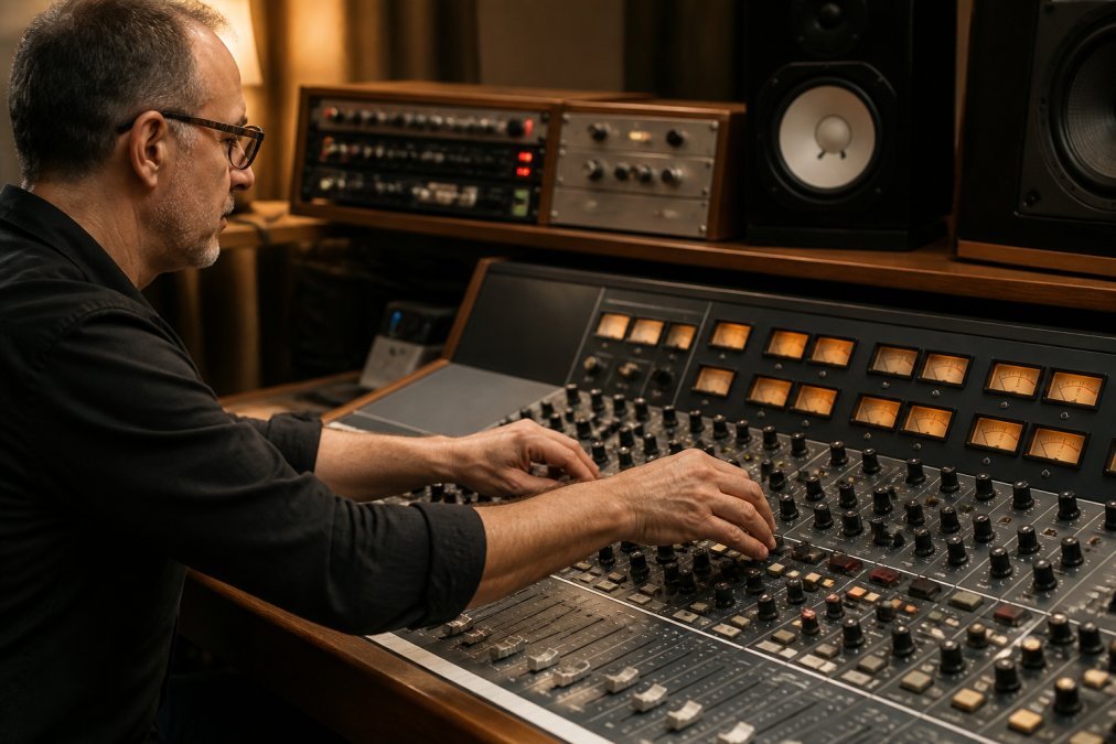 Professional audio engineer working at an analog mastering console with outboard gear, hands adjusting faders and controls in a treated studio environment with soft monitor lighting