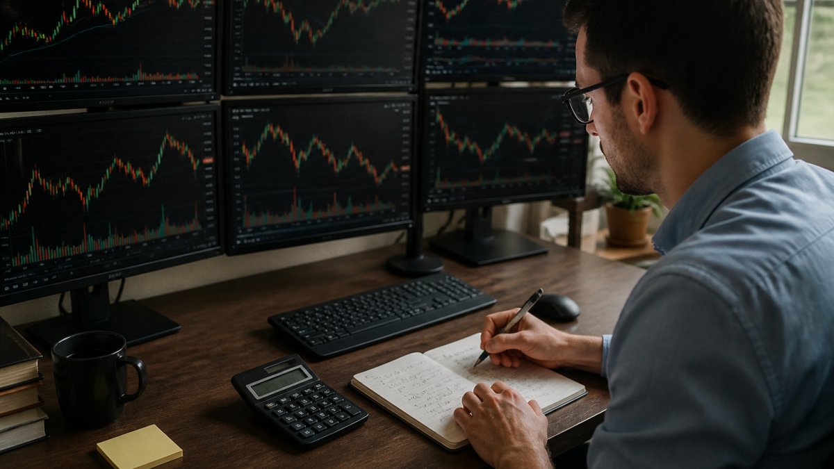 A trader reviewing financial charts on multiple monitors in a home office, with a calculator and notebook showing handwritten probability calculations nearby