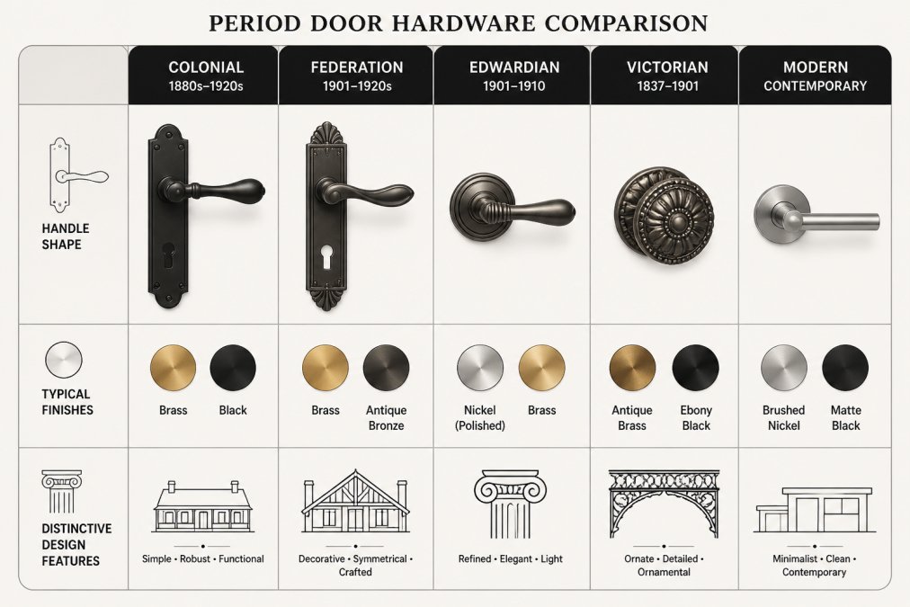 Infographic matrix to match door handles home era by architectural style, finish, and design features.