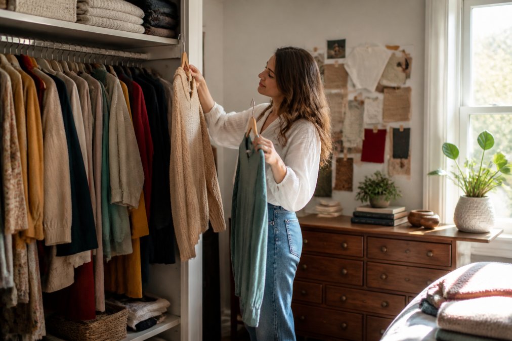 Woman standing in front of an open closet reviewing clothing pieces in various colors and textures, with a mood board visible on the wall behind her, natural morning light streaming through the window