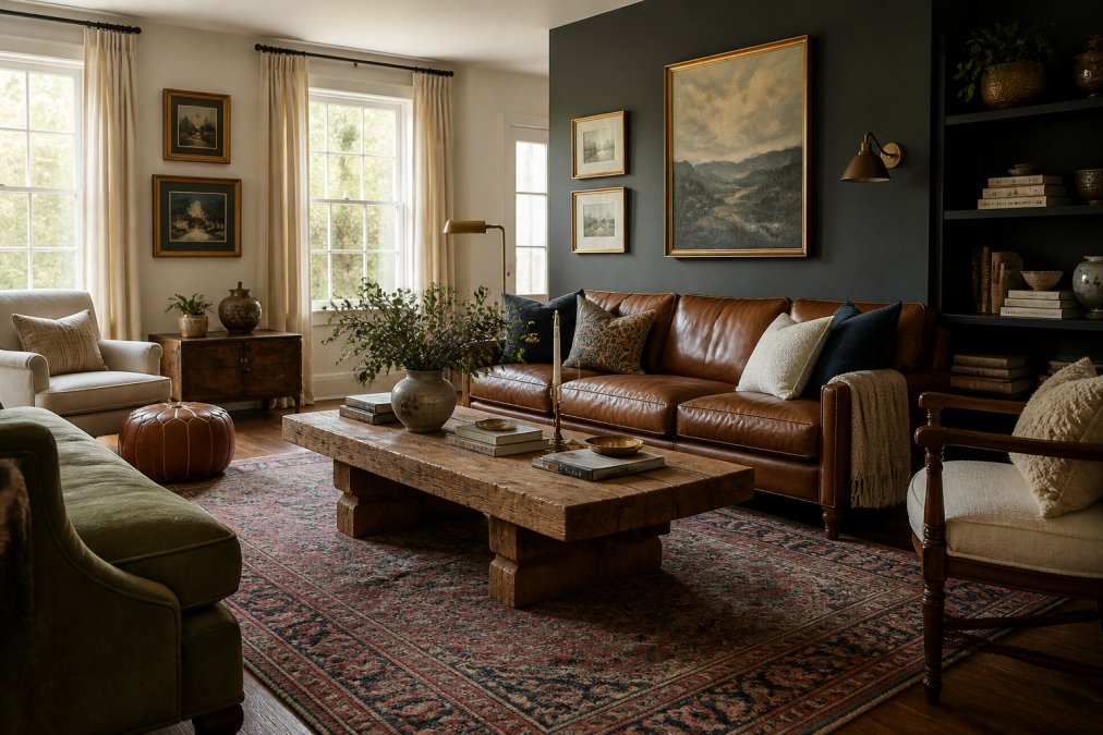 Well-styled living room featuring layered textiles, mixed metals, and a blend of modern and vintage decor pieces arranged harmoniously, with natural light highlighting the curated arrangement
