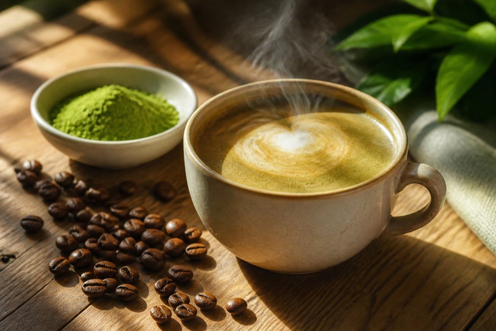Close-up of a steaming cup of matcha coffee fusion with rich, balanced brown color and smooth crema, matcha powder and Arabica coffee beans scattered on a clean wooden surface with natural morning light