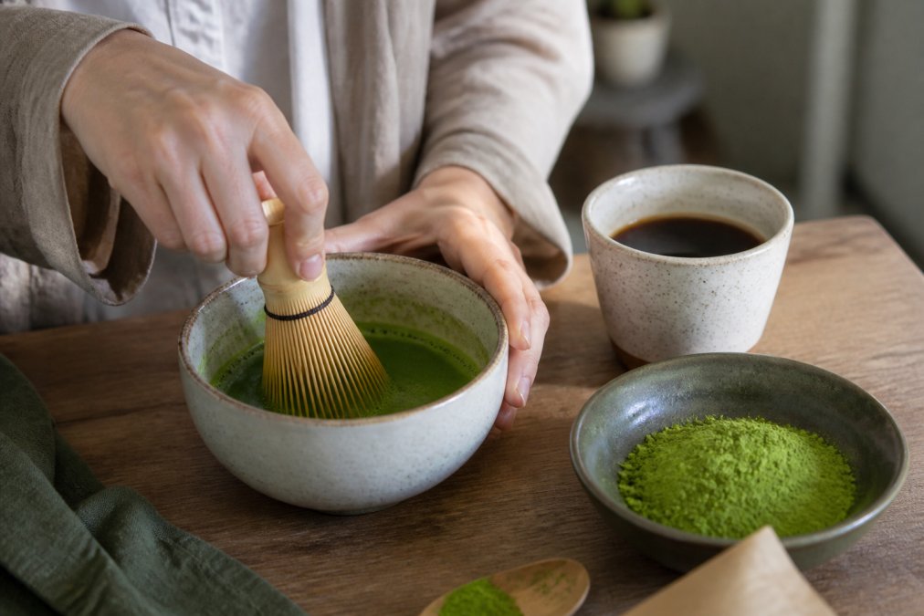 Hands whisking matcha powder in ceramic bowl with bamboo whisk, cup of brewed coffee and fresh matcha powder visible in background, demonstrating the blending process with soft natural light