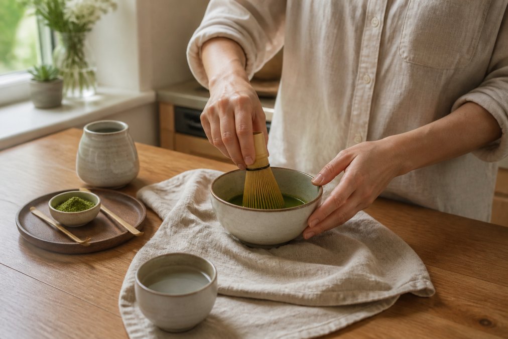 Hands whisking vibrant green matcha in a ceramic bowl as a calm matcha maiden alternative ritual in a sunlit kitchen.