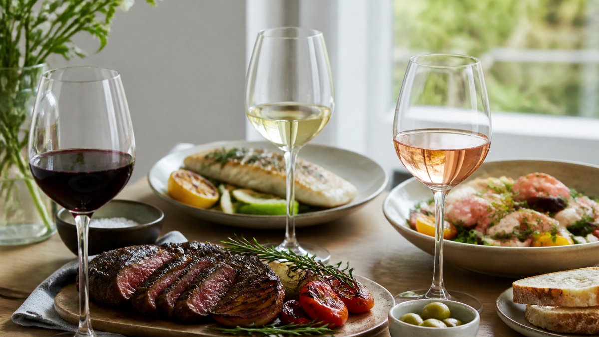 Ett vackert arrangemang av olika viner i glas tillsammans med olika maträtter på ett bord - rött vin med grillat kött, vitt vin med fiskfilé, rosé med lätt sommarmåltid, naturligt ljus från fönster
