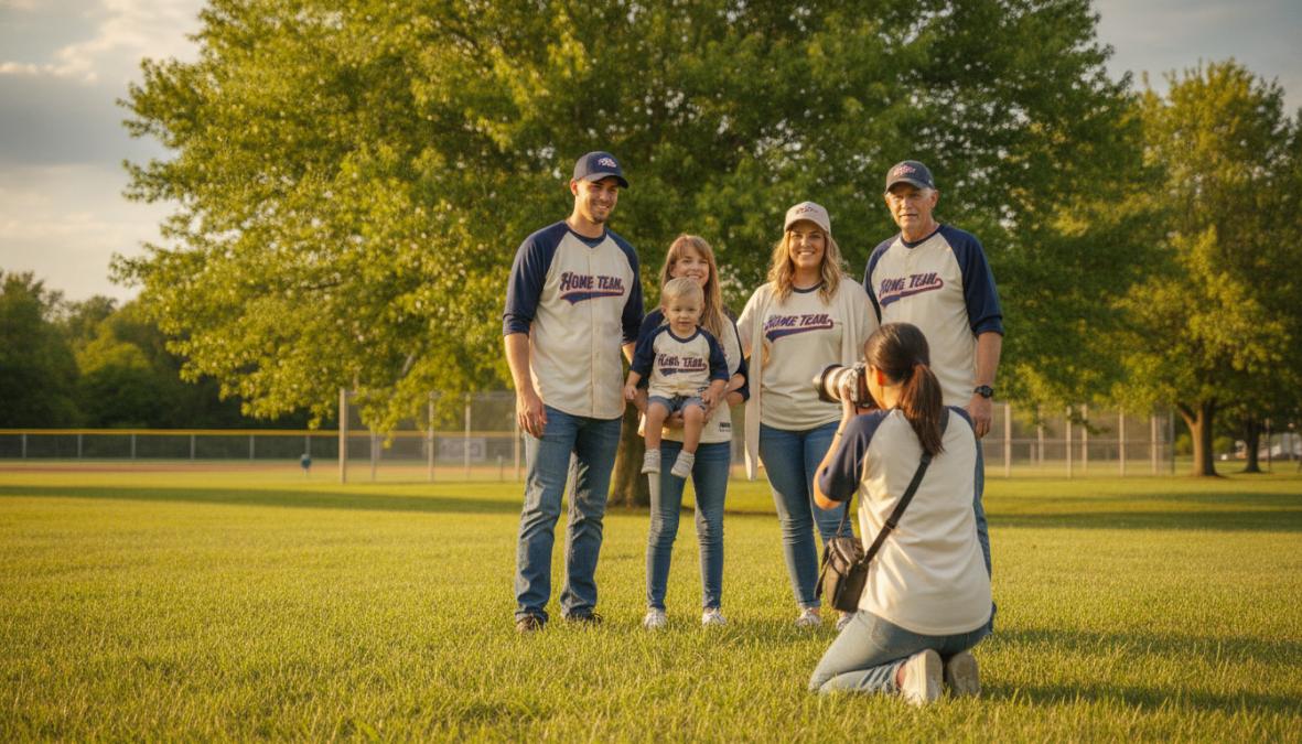 Multi-generational family wearing coordinated baseball-themed matching shirts during an outdoor family photo session in natural sunlight, showing different sizes and styles working together visually