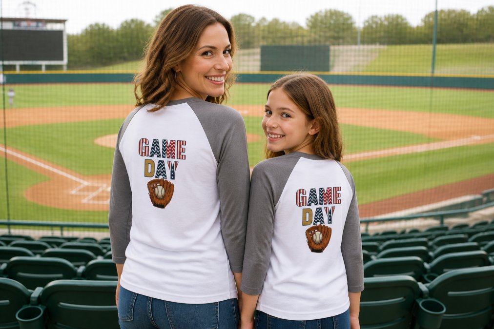 A mom and daughter standing together at a baseball stadium wearing matching custom baseball shirts with personalized player names and numbers on the back, smiling at the camera with the field visible in the background