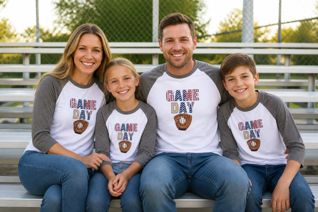 A family of five wearing coordinated matching baseball shirts posing together on bleachers, with relaxed, genuine smiles and natural stadium lighting