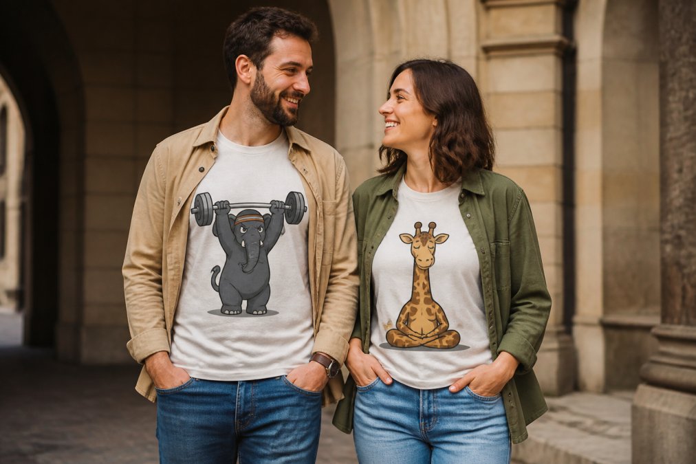 Couple wearing individual humorous graphic t-shirts styled with jeans and casual layers, standing together outdoors in natural lighting, showing how separate funny designs coordinate as a complementary look