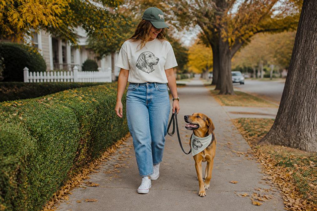 Person in a vintage tee walking a dog in a matching bandana, showcasing stylish matching dog and owner gear.