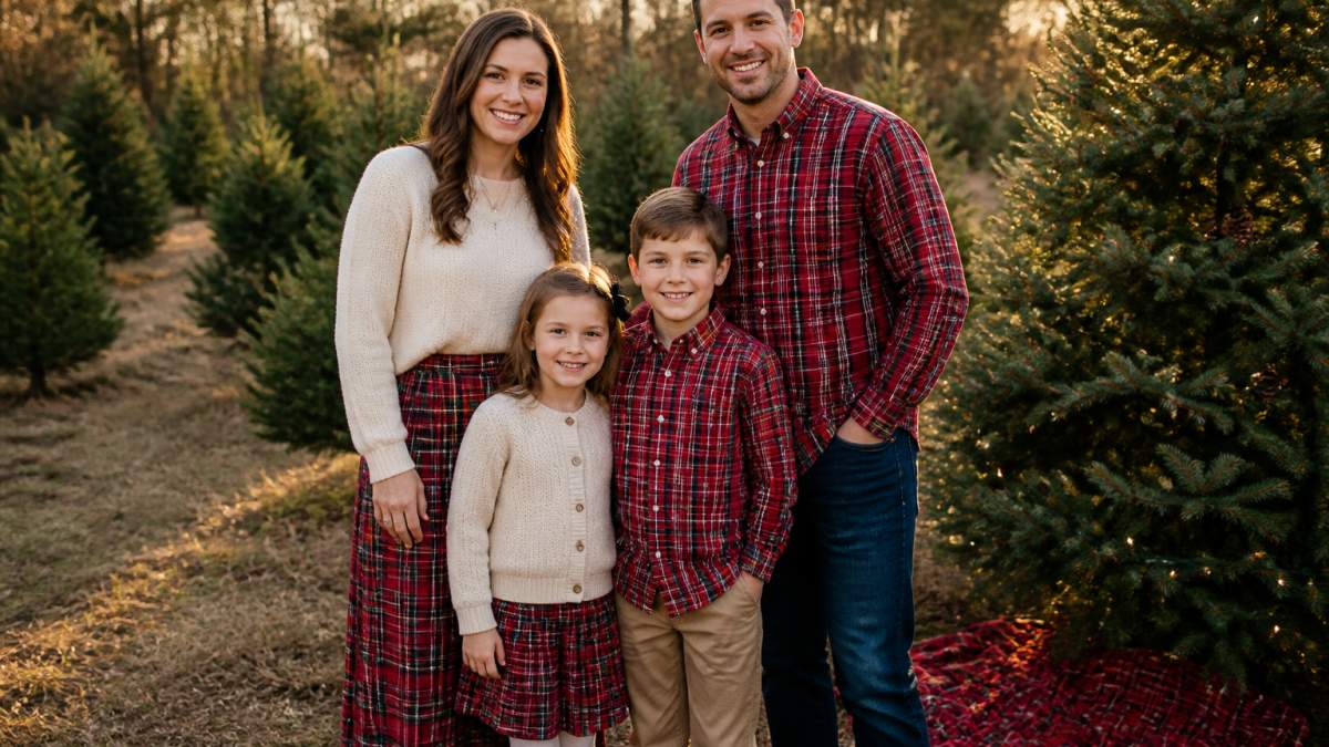 Family of four wearing matching family christmas outfits posing by a decorated tree outdoors.