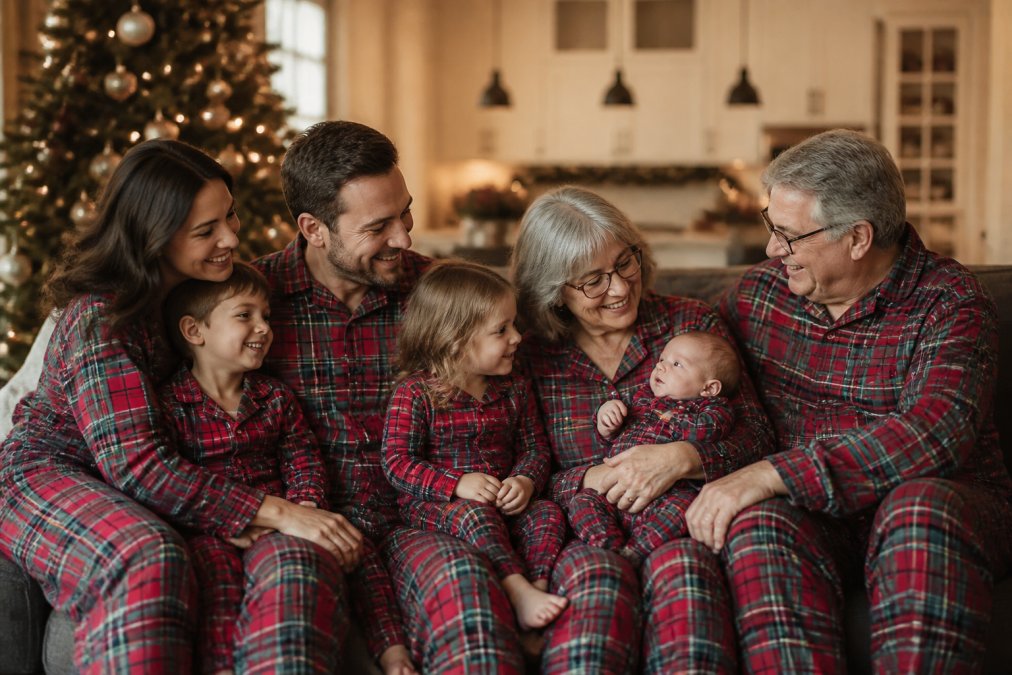 Multigenerational family wearing coordinated plaid loungewear during a holiday morning, including parents, children, a baby, and a grandparent, sitting together on a couch with warm lighting and festive decorations in the background