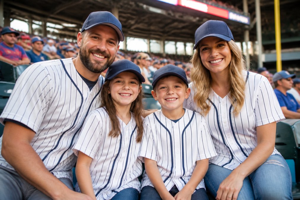 Professional illustration showing family and four and wearing concepts for matching family outfits for baseball games