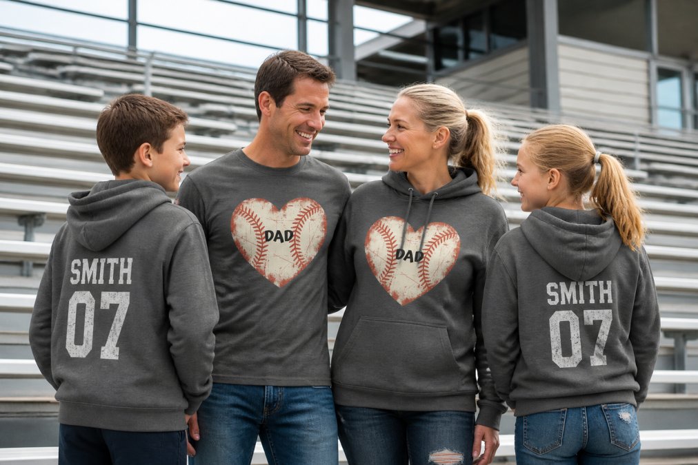 Family of four wearing coordinated baseball-themed hoodies and personalized tees in team colors, standing together in bleachers with genuine smiles, showing different style options and personalized names visible on backs
