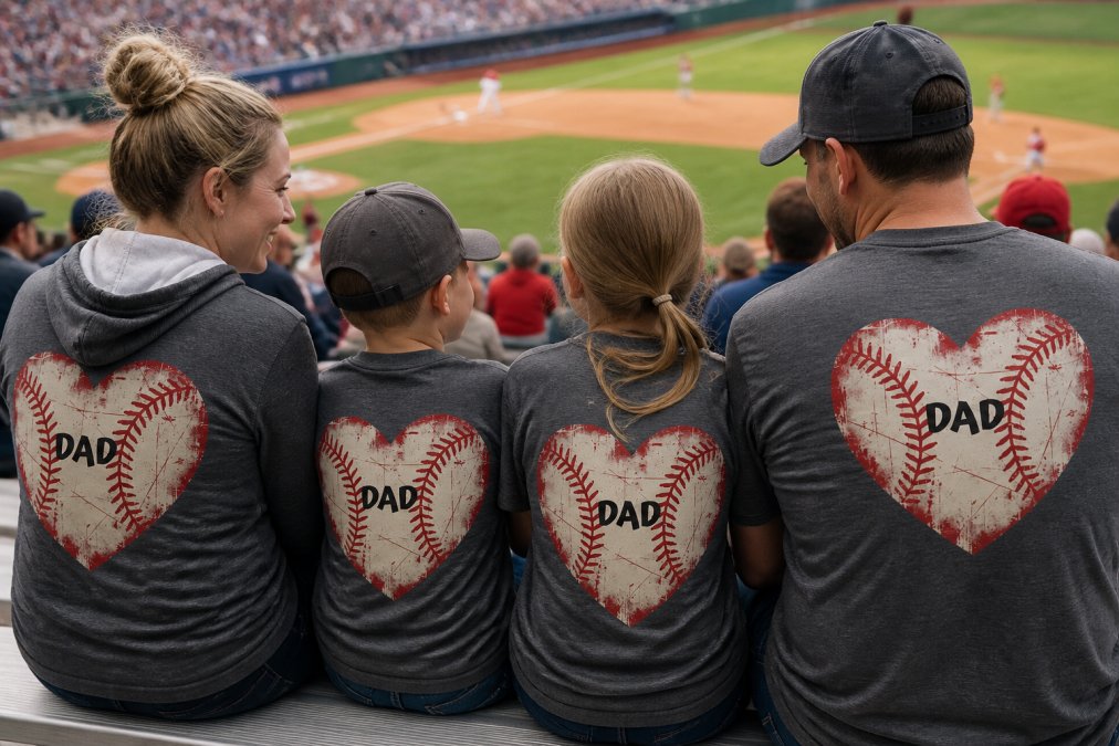 Close-up of family's matching outfits during a game showing layered looks with hoodies, personalized names and numbers visible on backs, team colors coordinated across all family members in bleacher seating