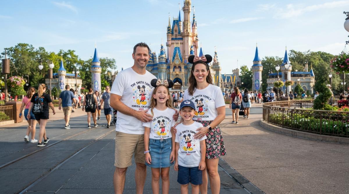 A family of four wearing matching custom Disney-themed t-shirts, smiling in front of Cinderella Castle at Magic Kingdom in bright morning light