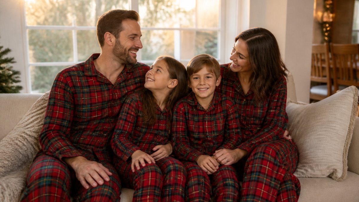 A relaxed family of four in coordinated red and green plaid pajamas sitting together on a cream-colored couch, genuine smiles and natural poses, warm golden hour lighting coming through a window behind them, creating a cozy holiday atmosphere
