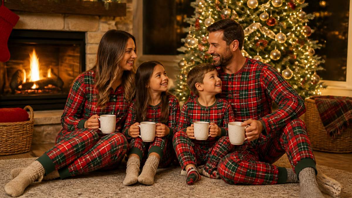 Family of four in red and green plaid holiday pajamas sitting together by a Christmas tree with warm cocoa