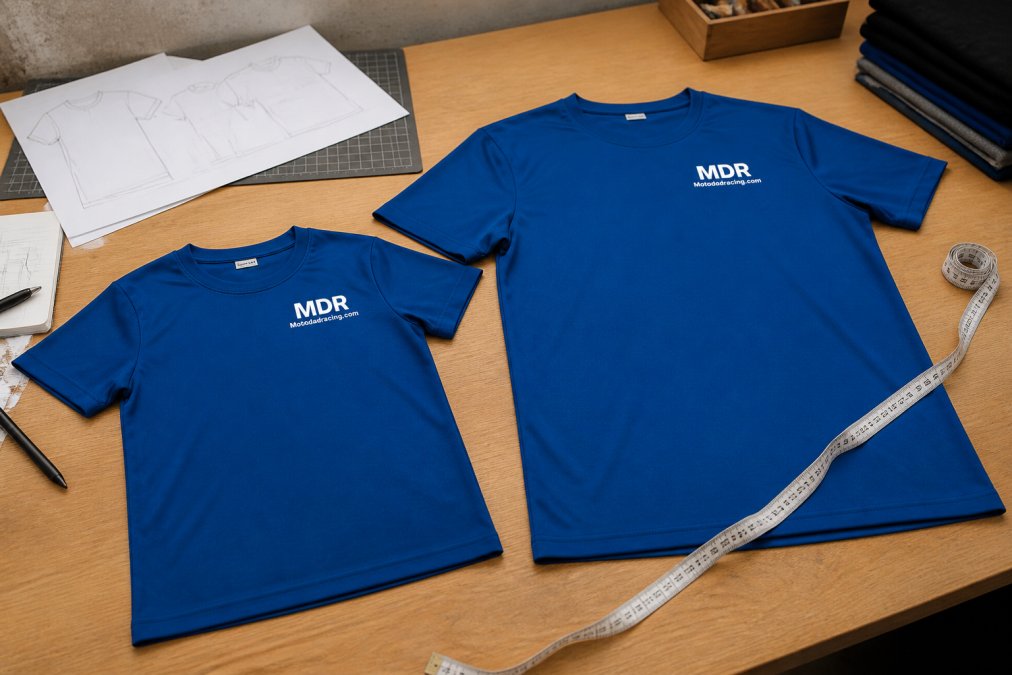 Close-up of sizing measurement labels and detailed specifications on youth and adult motocross apparel pieces laid out side by side on a flat surface, with a measuring tape visible
