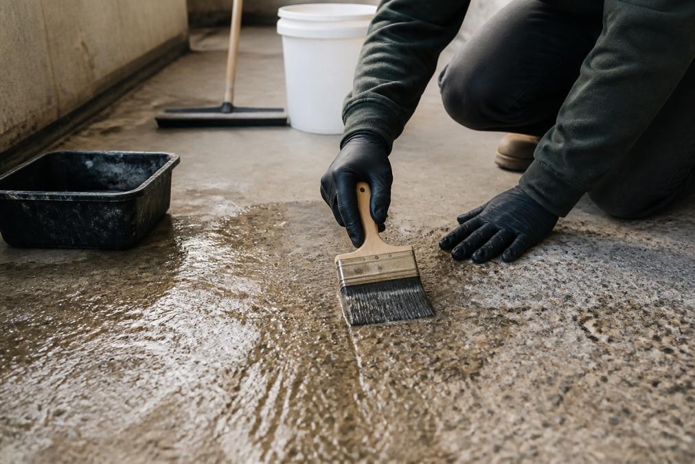 Diagram showing a worker applying bonding agent to prepare for matching new concrete to old surfaces