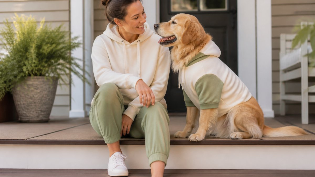 Dog owner and their golden retriever both wearing coordinated casual outfits, sitting together on a sunny porch, relaxed and smiling at each other