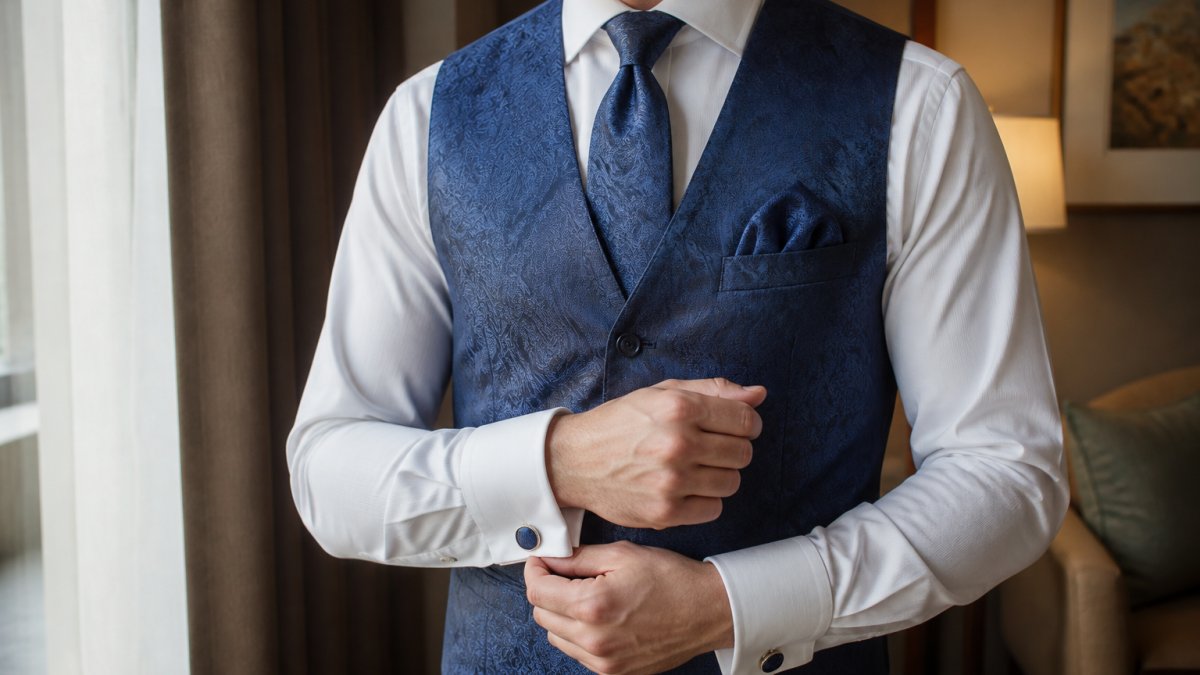 Well-dressed man in formal setting wearing coordinated waistcoat, matching paisley tie, pocket square, and cufflinks, with natural indoor lighting showcasing the complete formal ensemble