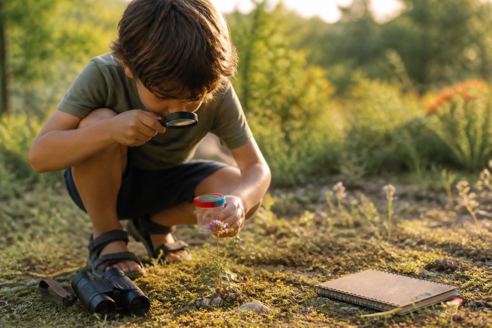 Un enfant utilise son matériel indispensable pour petit naturaliste : loupe, boîte loupe et carnet dans un jardin.