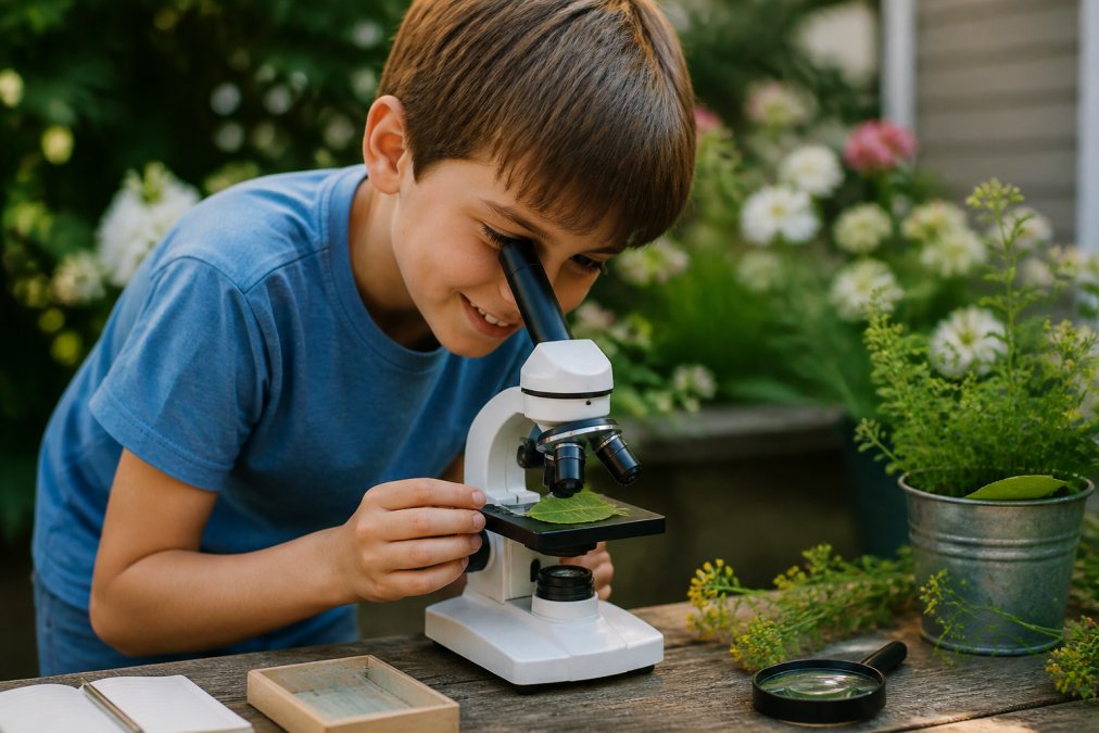 Un enfant de 7-8 ans observant attentivement à travers le DiscoveryScope™ en extérieur, dans un jardin, découvrant des détails microscopiques d'une feuille verte avec un sourire de curiosité et de concentration