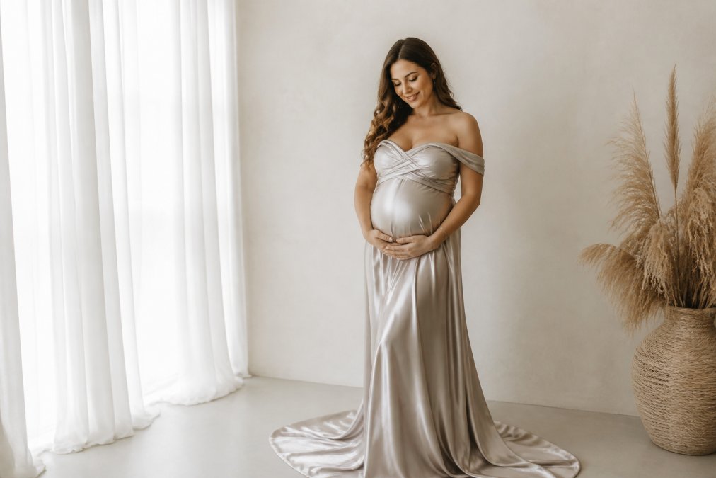 Pregnant woman wearing an elegant draped satin gown during a professional maternity photoshoot, cradling her bump with both hands, smiling softly against a soft neutral cream background with natural window lighting