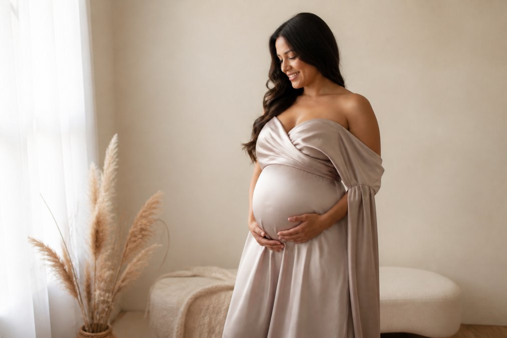 Professional illustration showing Pregnant for maternity formal wear hire