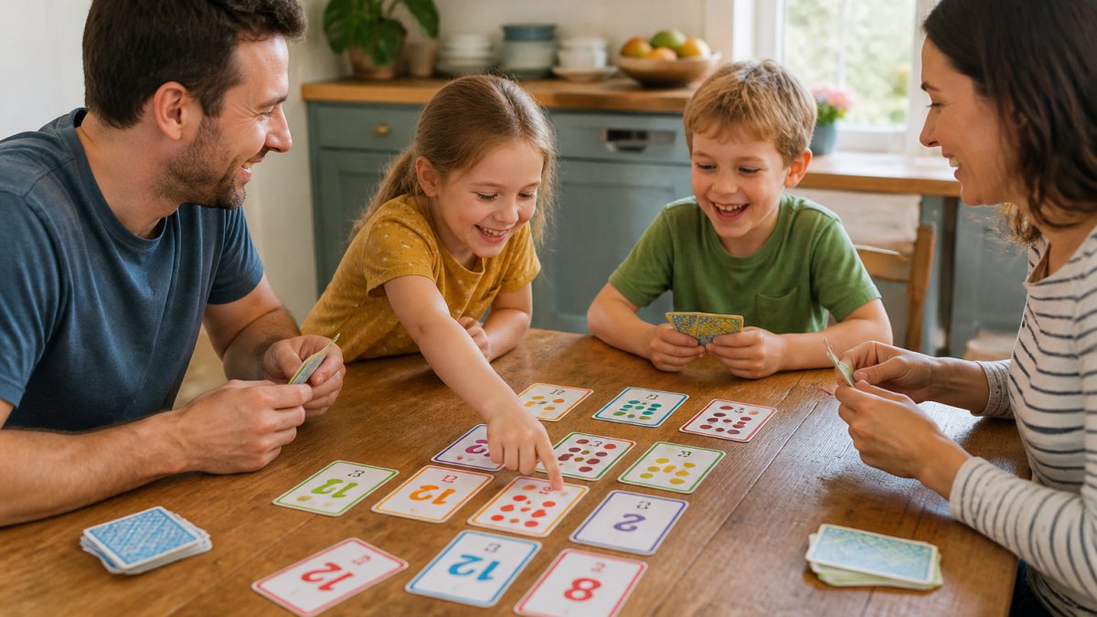 A family of four sitting around a wooden kitchen table playing a colourful maths card game, two children laughing and pointing at cards, natural daylight from a window, warm relaxed home setting